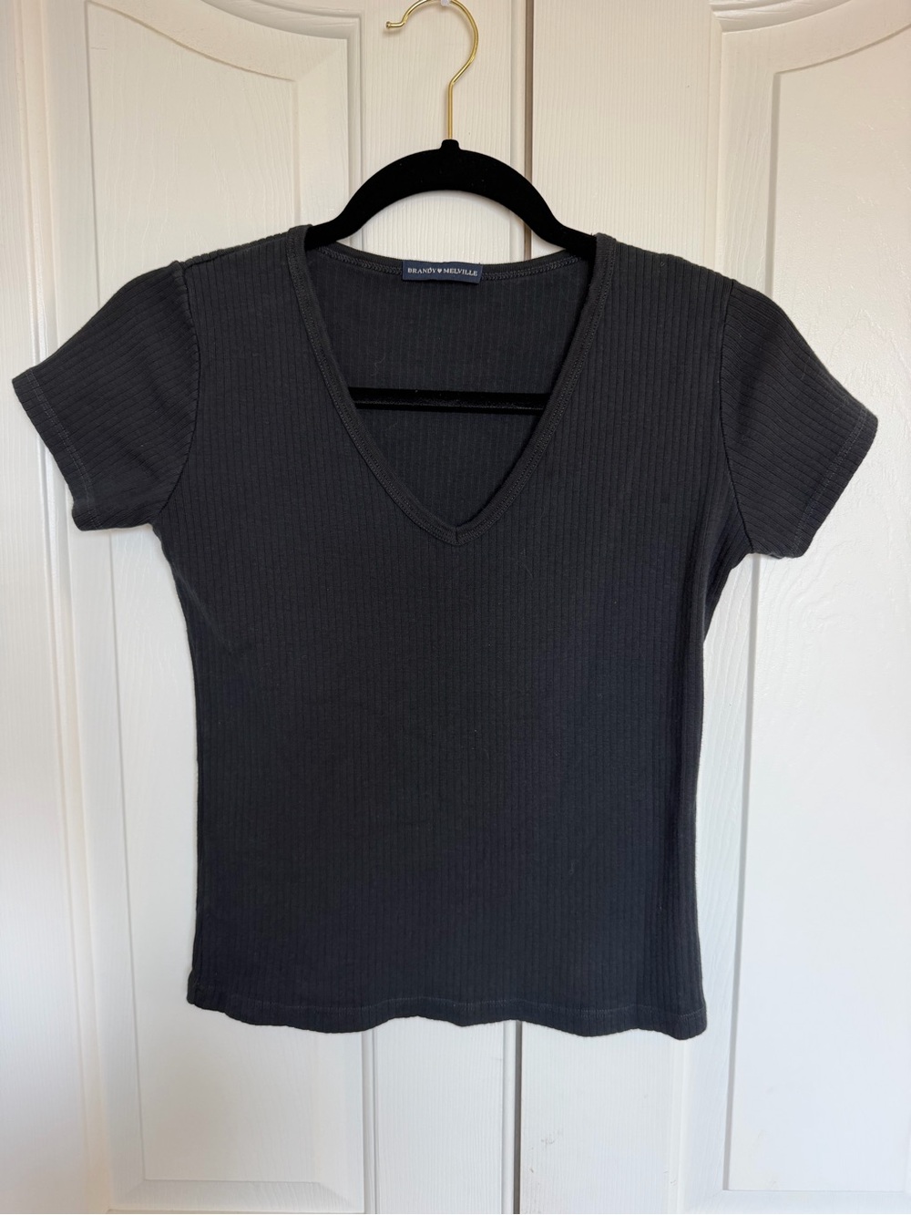 Brandy Melville Black Ribbed V-Neck Short Sleeve Tee